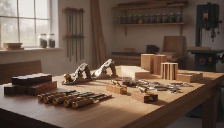 woodworking techniques workspace with various hand tools and wood pieces
